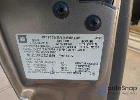 2003 GMC Sierra 1500 from USA, damaged, VIN 1GTEC14X13Z271529